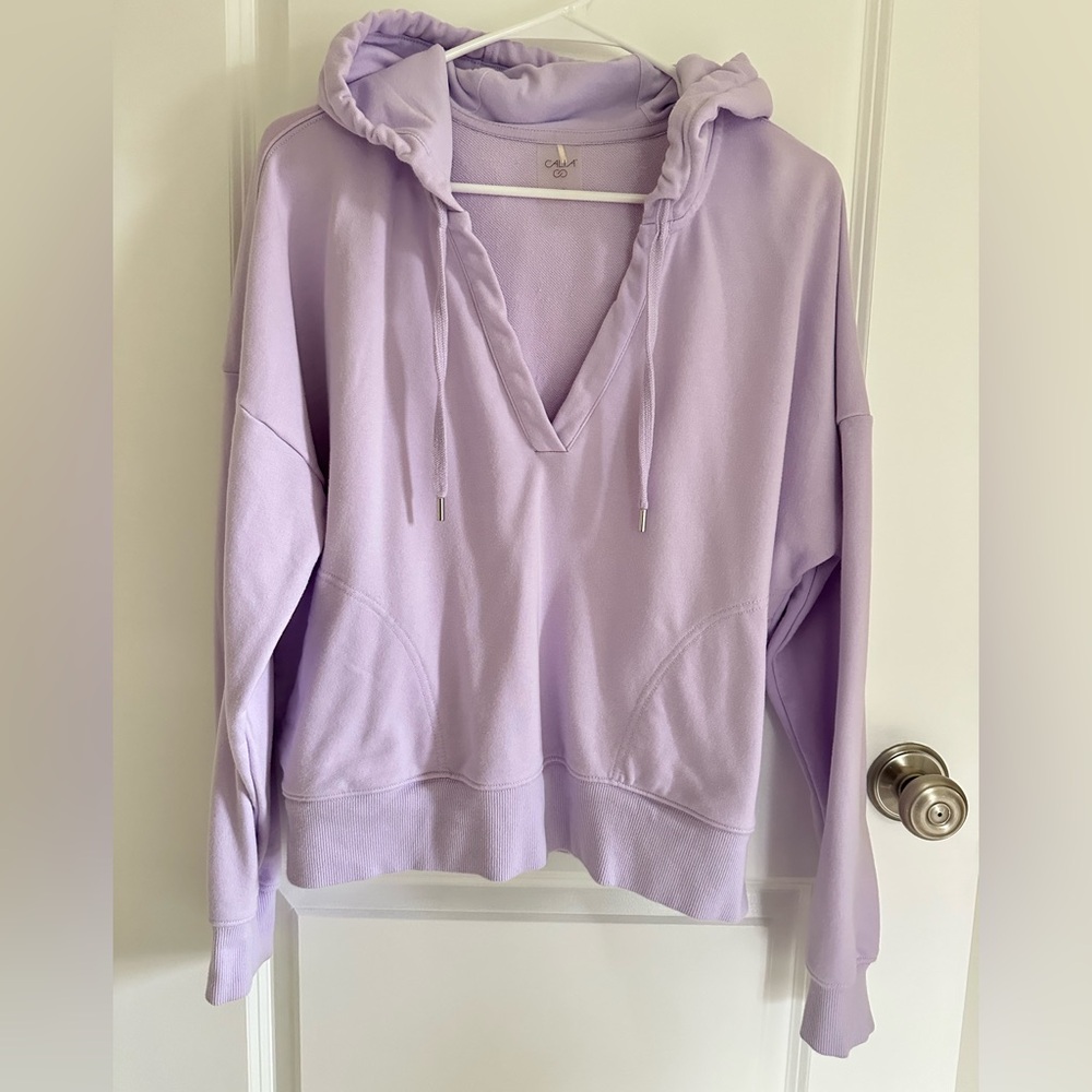 CALIA Lavender V-Neck Hooded Pullover Sweatshirt